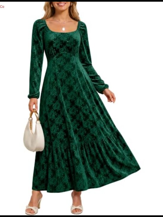 Dresses & Skirts - Velvet Formal Maxi Dress Long Sleeve Scoop Neck High Waist Ruffle Hem